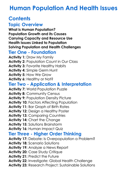 Human Population And Health Issues Worksheet Activity Booklet
