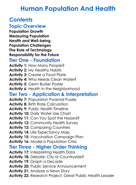 Human Population And Health Worksheet Activity Booklet