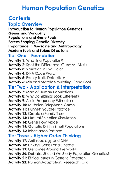 Human Population Genetics Worksheet Activity Booklet
