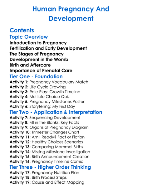 Human Pregnancy And Development Worksheet Activity Booklet
