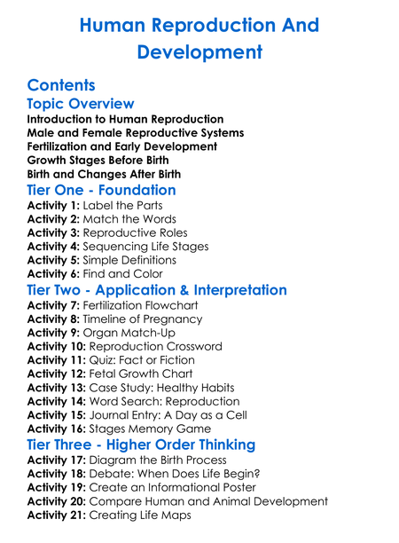 Human Reproduction And Development Worksheet Activity Booklet
