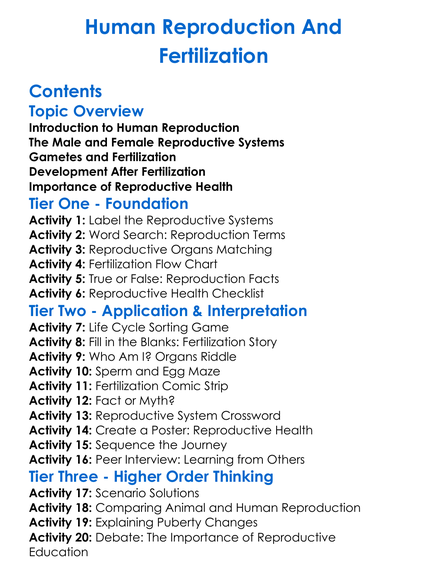 Human Reproduction And Fertilization Worksheet Activity Booklet