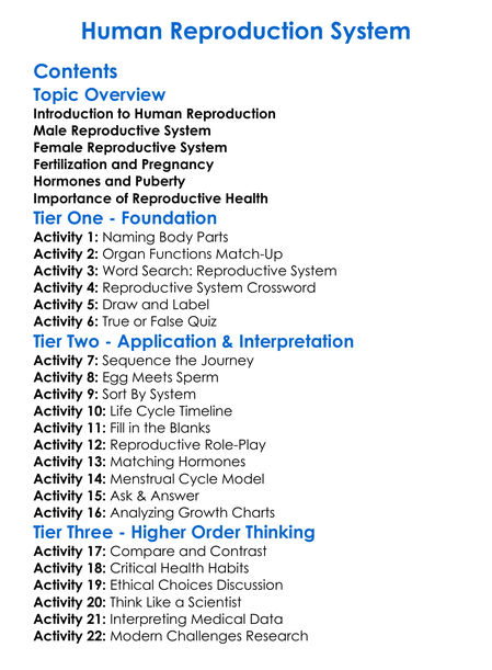 Human Reproduction System Worksheet Activity Booklet
