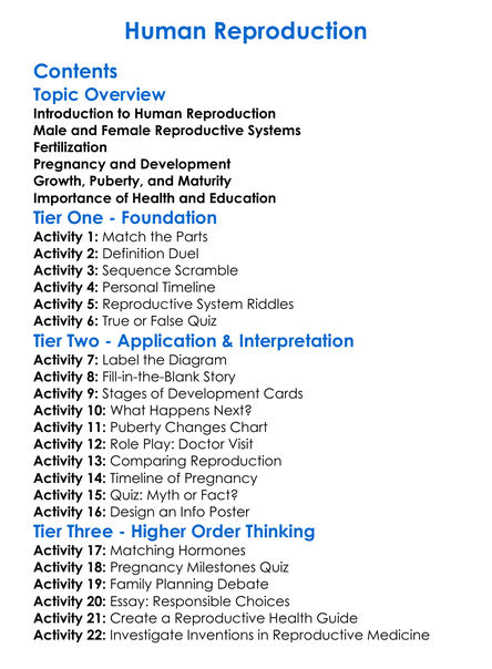 Human Reproduction Worksheet Activity Booklet
