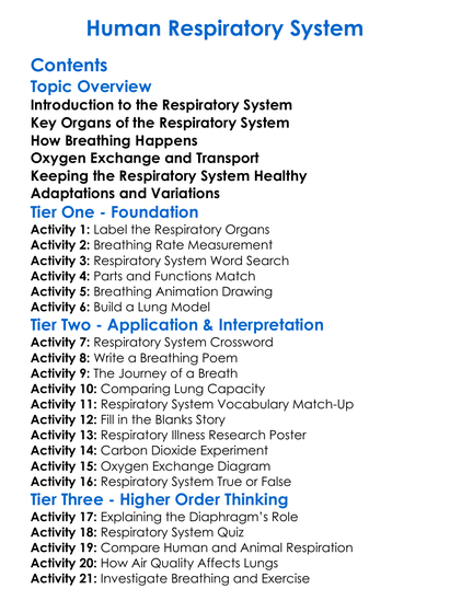 Human Respiratory System Worksheet Activity Booklet