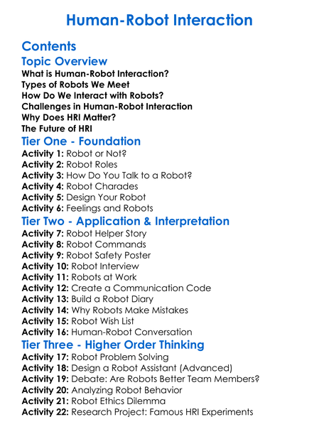 Human-Robot Interaction Worksheet Activity Booklet