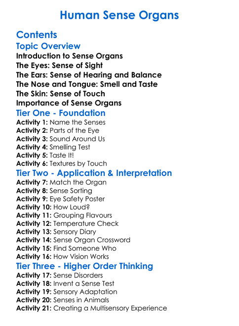Human Sense Organs Worksheet Activity Booklet