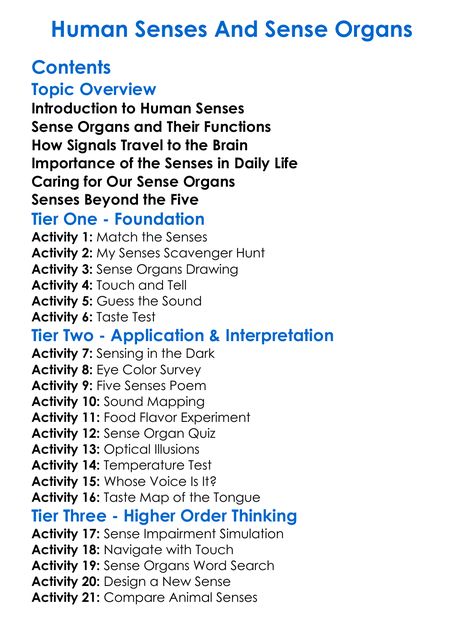 Human Senses And Sense Organs Worksheet Activity Booklet