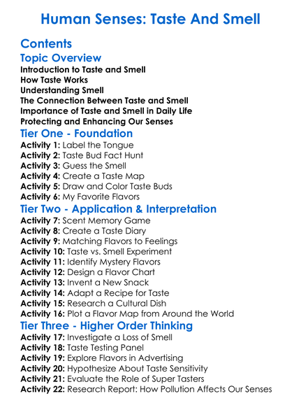 Human Senses Taste And Smell Worksheet Activity Booklet
