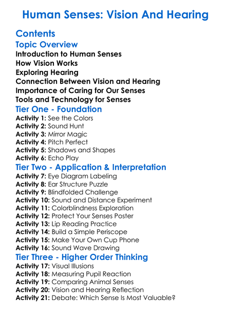 Human Senses Vision And Hearing Worksheet Activity Booklet
