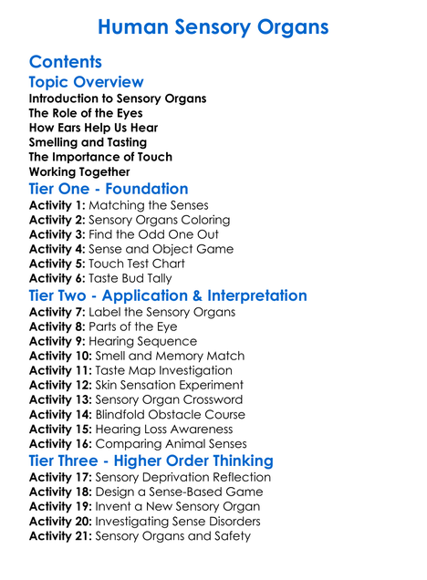 Human Sensory Organs Worksheet Activity Booklet