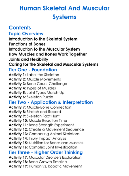 Human Skeletal And Muscular Systems Worksheet Activity Booklet