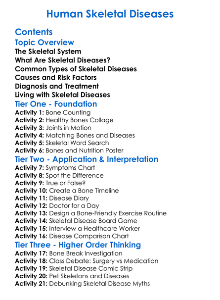 Human Skeletal Diseases Worksheet Activity Booklet