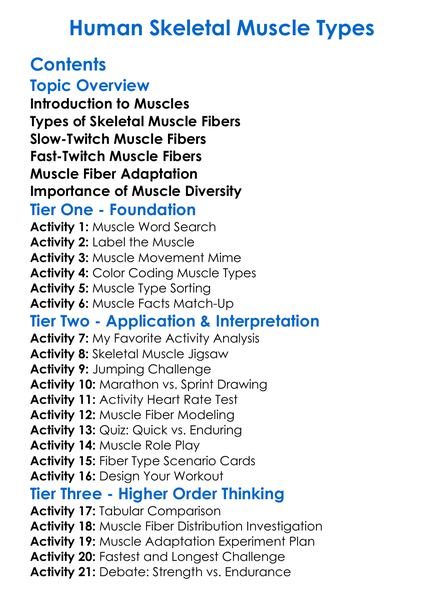 Human Skeletal Muscle Types Worksheet Activity Booklet