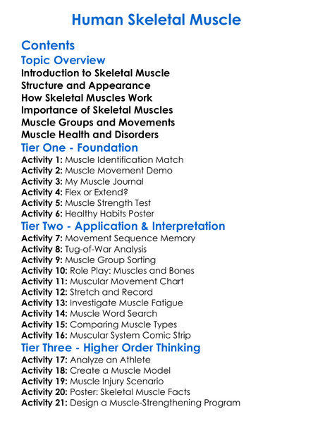 Human Skeletal Muscle Worksheet Activity Booklet