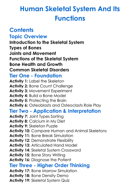 Human Skeletal System And Its Functions Worksheet Activity Booklet
