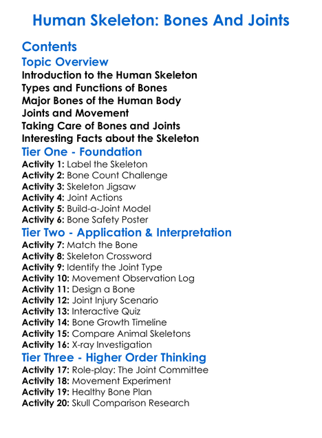 Human Skeleton Bones And Joints Worksheet Activity Booklet