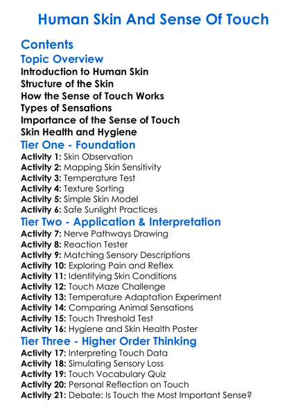 Human Skin And Sense Of Touch Worksheet Activity Booklet