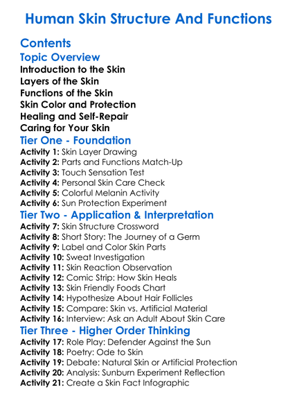 Human Skin Structure And Functions Worksheet Activity Booklet