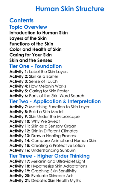 Human Skin Structure Worksheet Activity Booklet