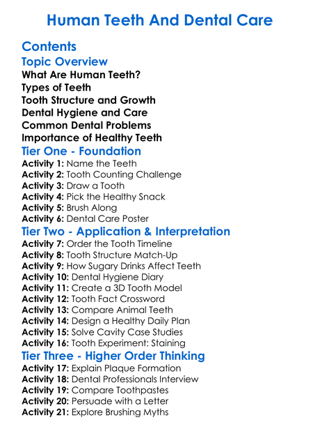 Human Teeth And Dental Care Worksheet Activity Booklet