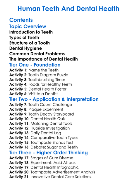 Human Teeth And Dental Health Worksheet Activity Booklet