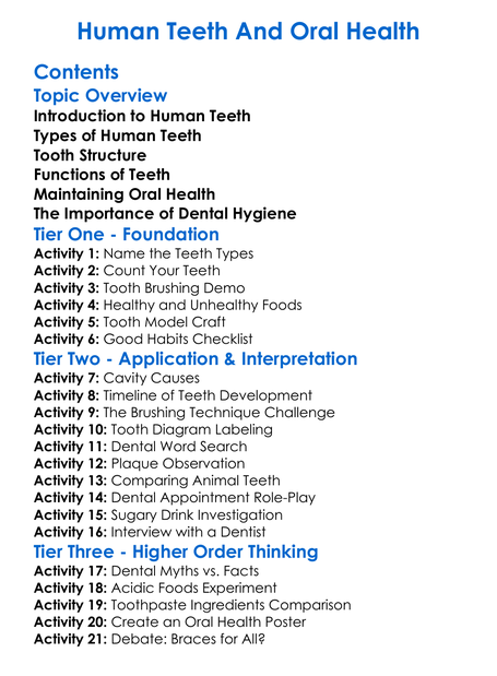 Human Teeth And Oral Health Worksheet Activity Booklet