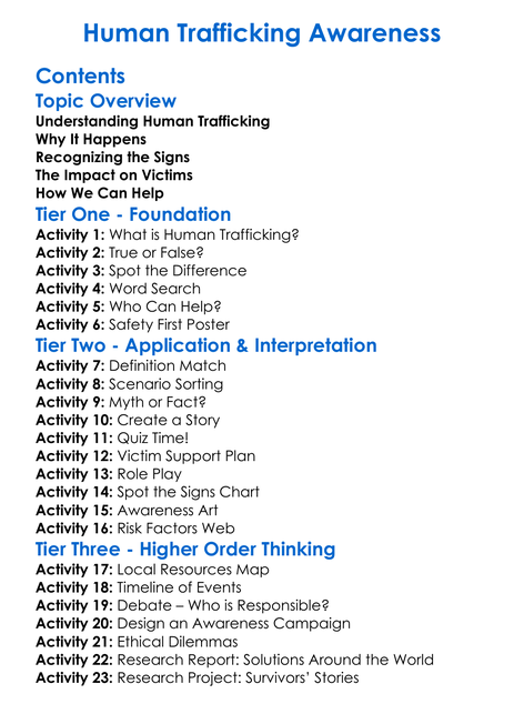Human Trafficking Awareness Worksheet Activity Booklet
