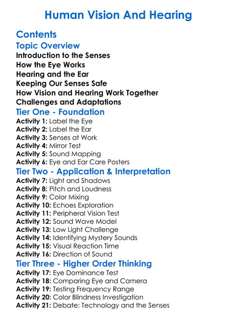 Human Vision And Hearing Worksheet Activity Booklet