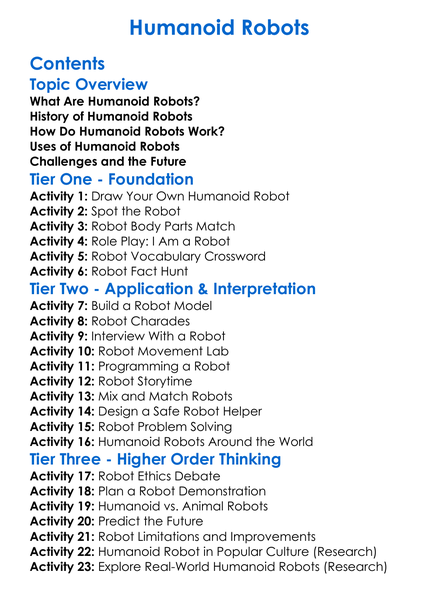 Humanoid Robots Worksheet Activity Booklet