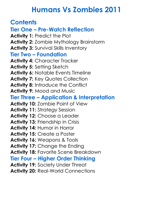 Humans Vs Zombies 2011 Worksheet Activity Booklet