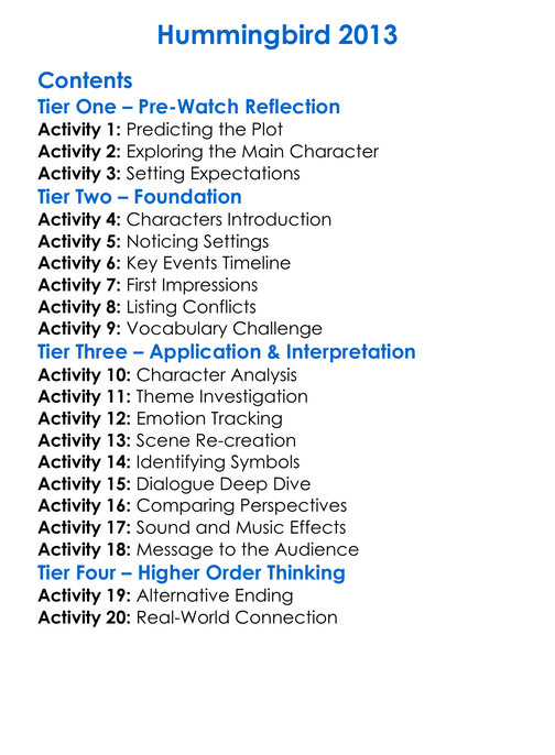 Hummingbird 2013 Worksheet Activity Booklet