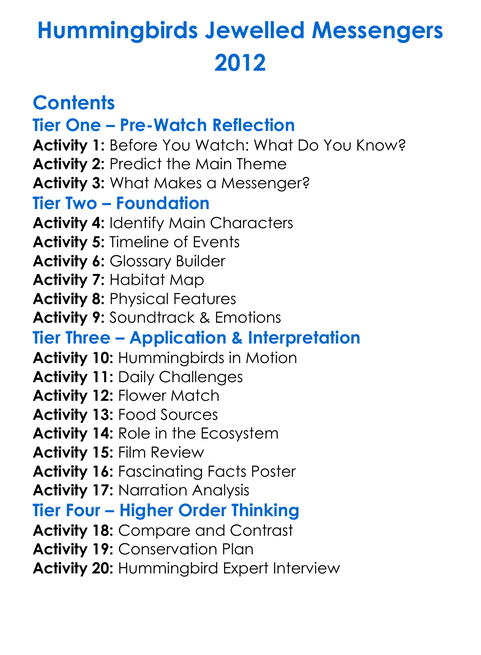 Hummingbirds Jewelled Messengers 2012 Worksheet Activity Booklet