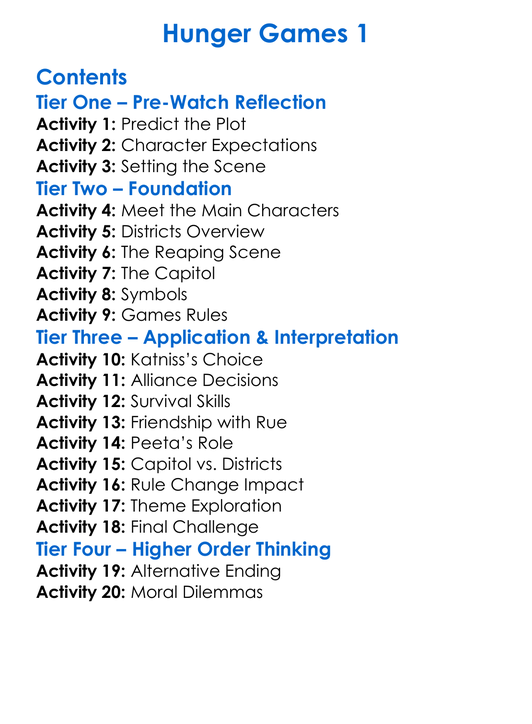 Hunger Games 1 Worksheet Activity Booklet