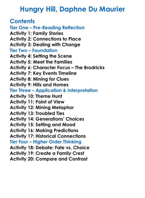 Hungry Hill Daphne Du Maurier Worksheet Activity Booklet