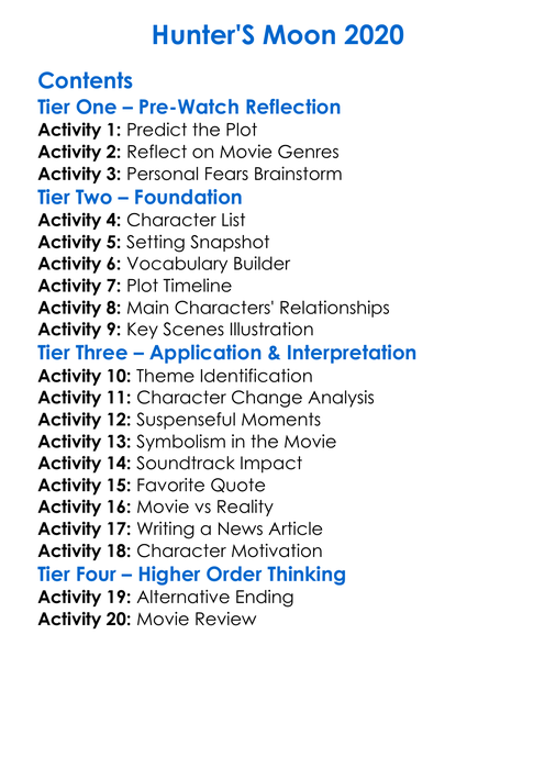 Hunters Moon 2020 Worksheet Activity Booklet
