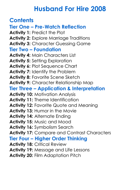 Husband For Hire 2008 Worksheet Activity Booklet