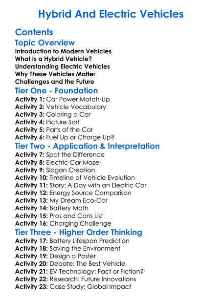 Hybrid And Electric Vehicles Worksheet Activity Booklet