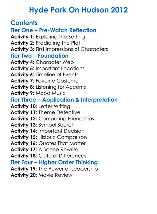 Hyde Park On Hudson 2012 Worksheet Activity Booklet