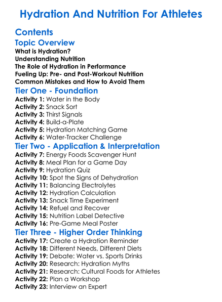 Hydration And Nutrition For Athletes Worksheet Activity Booklet
