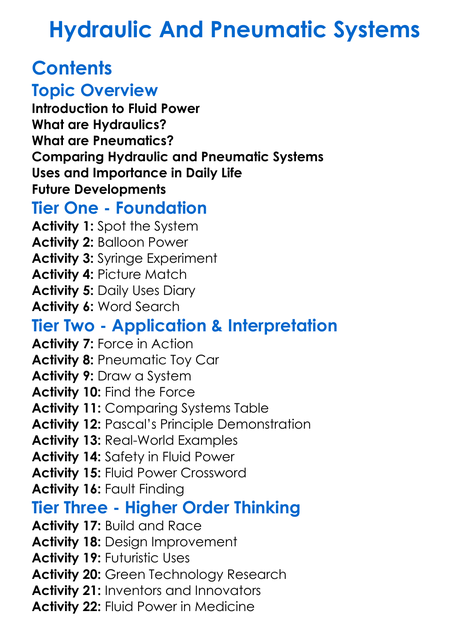 Hydraulic And Pneumatic Systems Worksheet Activity Booklet