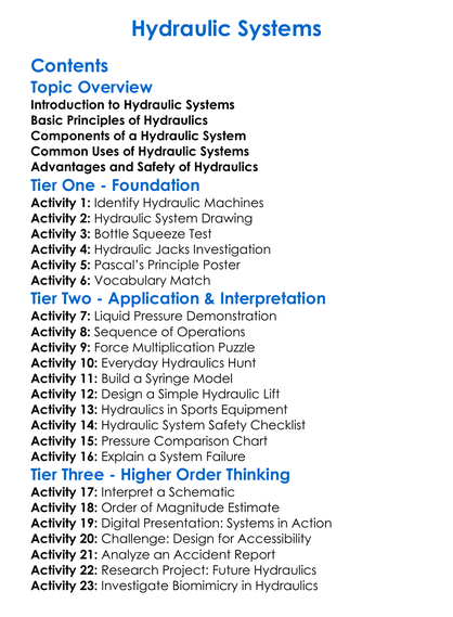 Hydraulic Systems Worksheet Activity Booklet