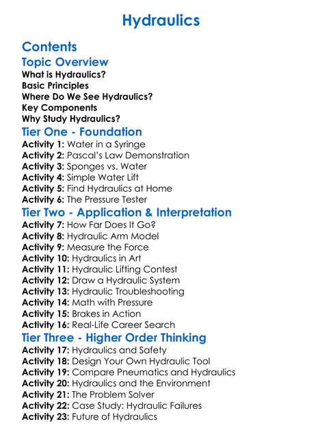 Hydraulics Worksheet Activity Booklet
