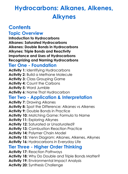 Hydrocarbons Alkanes Alkenes Alkynes Worksheet Activity Booklet
