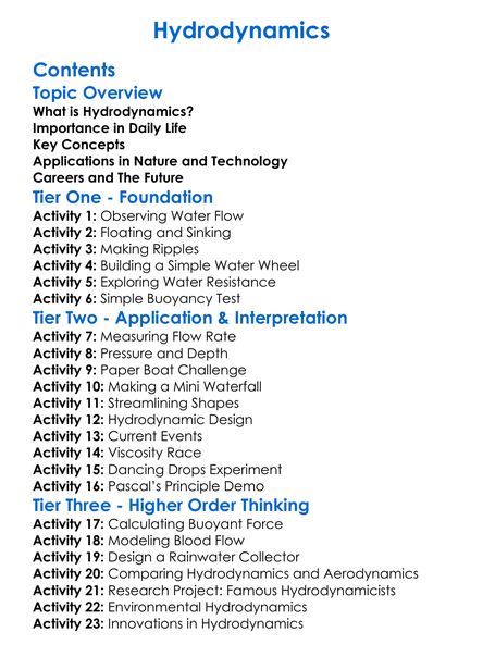 Hydrodynamics Worksheet Activity Booklet