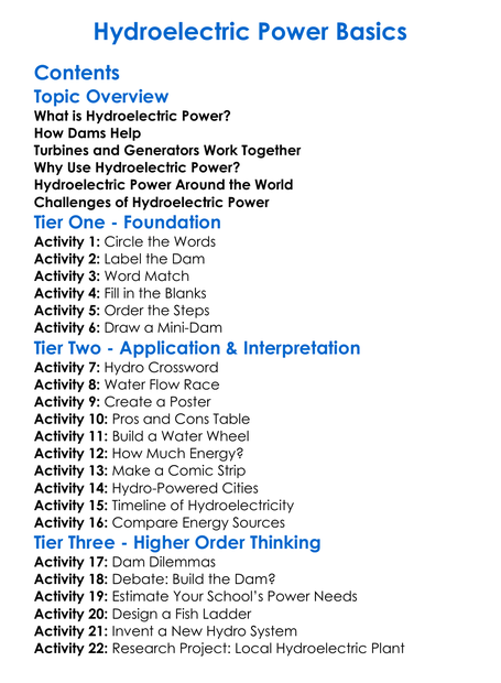Hydroelectric Power Basics Worksheet Activity Booklet