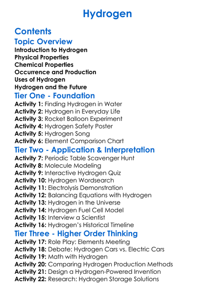 Hydrogen Worksheet Activity Booklet