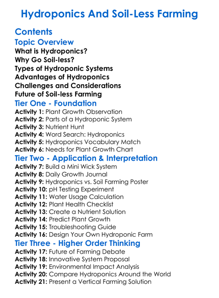 Hydroponics And Soil-Less Farming Worksheet Activity Booklet