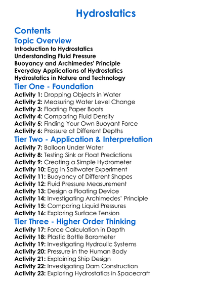 Hydrostatics Worksheet Activity Booklet