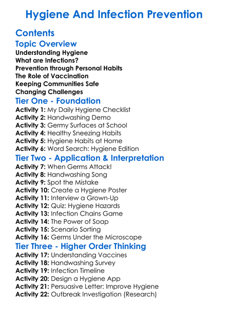 Hygiene And Infection Prevention Worksheet Activity Booklet